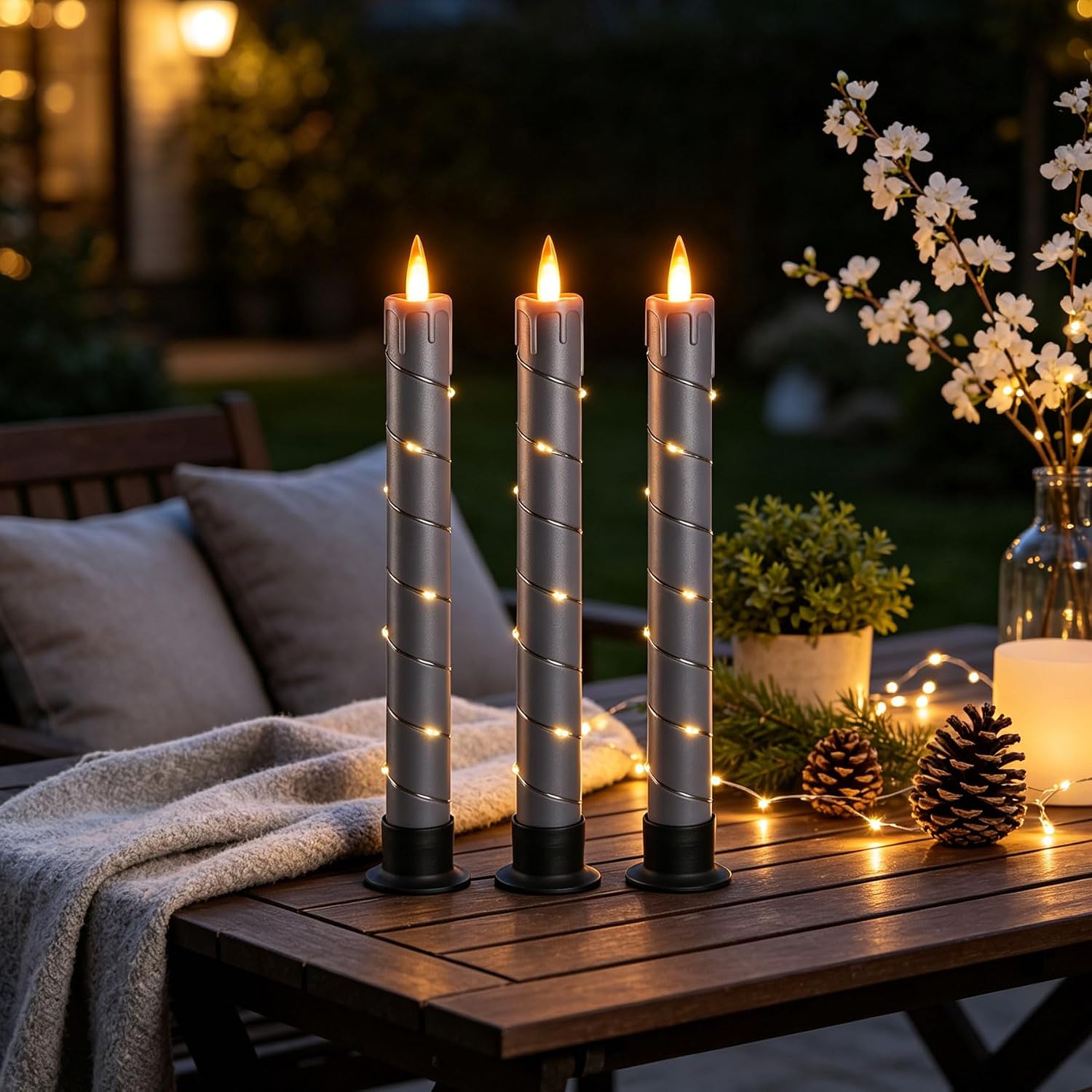 3 Pack Gray Dripping Wax Flameless Candles, Realistic Dynamic Flame LED Taper Candles with Surrounding Fairy String