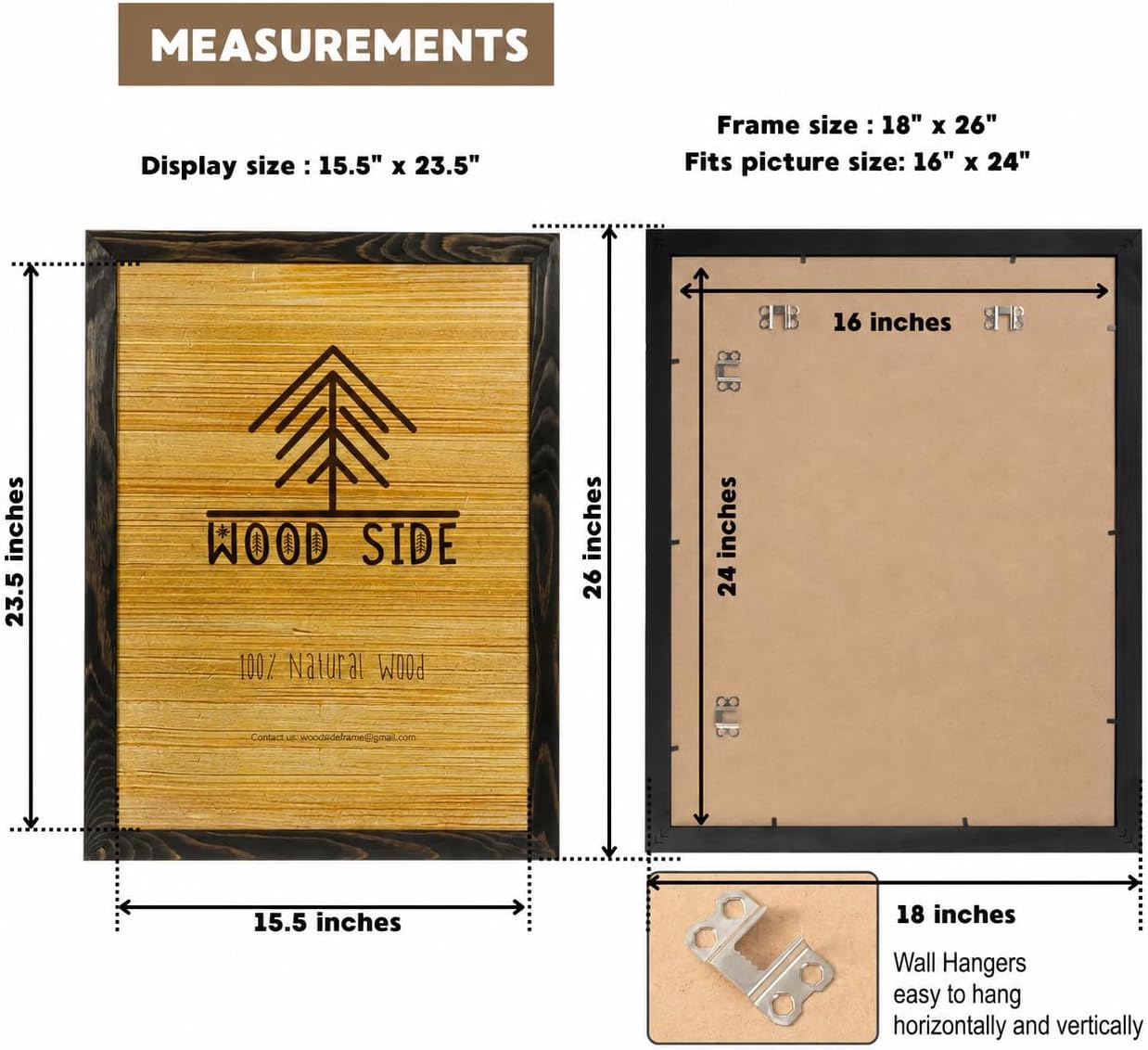 Rustic Natural Solid Wood Poster Picture Frame 16x24 | Charcoal Wooden Photo Frames, Eco Distressed, Wall Mounting
