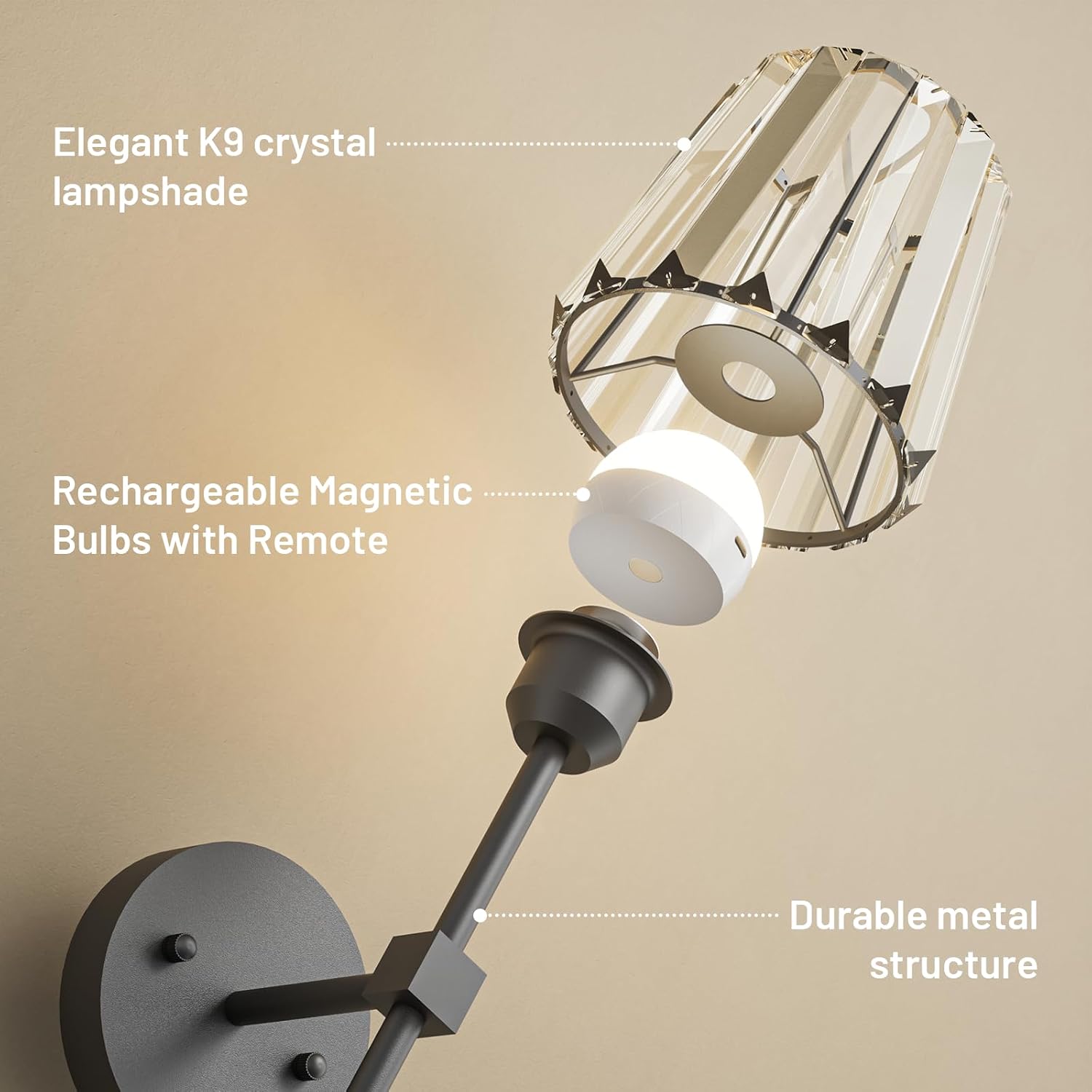 Crystal Battery Operated Wall Sconces Set of 2, Black Rechargeable Wireless Wall Sconce Lights with Crystal Lampshade