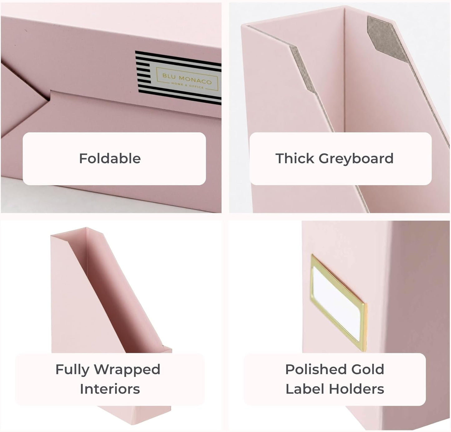 BLU MONACO | Cardboard Magazine File Holder Set of 6 Pink | Vertical Magazine File Holder with Gold Label Slots