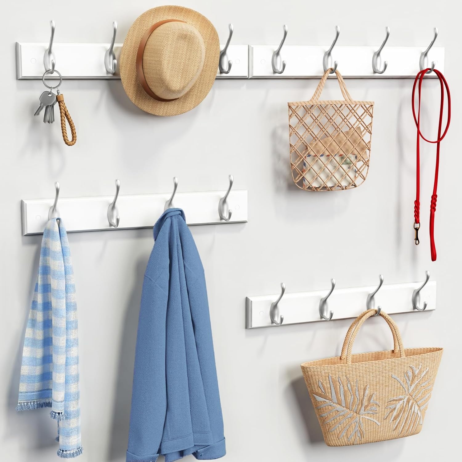 Forbena White Coat Rack Wall Mount 4-Pack, Coat Hanger Wall Mounted for Hanging Clothes Purse, Modern Key Holder Hooks