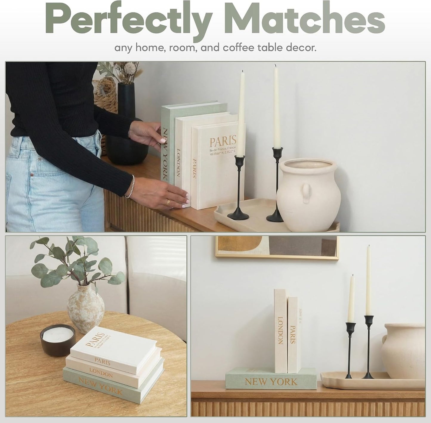 Faux Book Storage Box -Green/Beige/Beige-Decorative Faux / Green-cream-cream / Modern / Set of 3