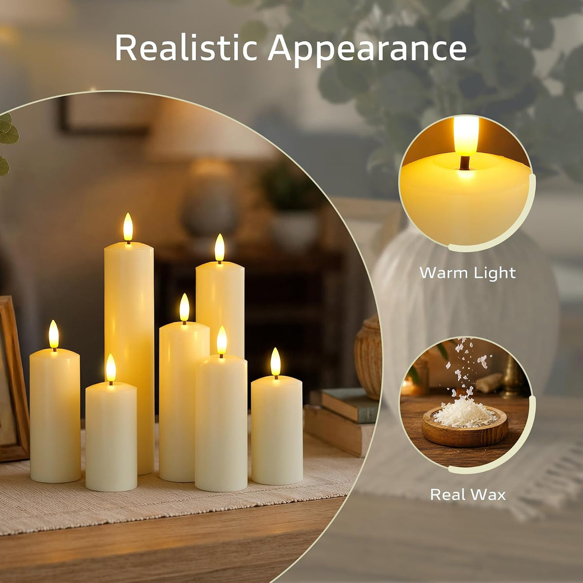 Pack of 9 Real Wax Pillars Flameless Candles with Remote, 400H Battery Operated Flickering LED 3D-Wick Warm Lights