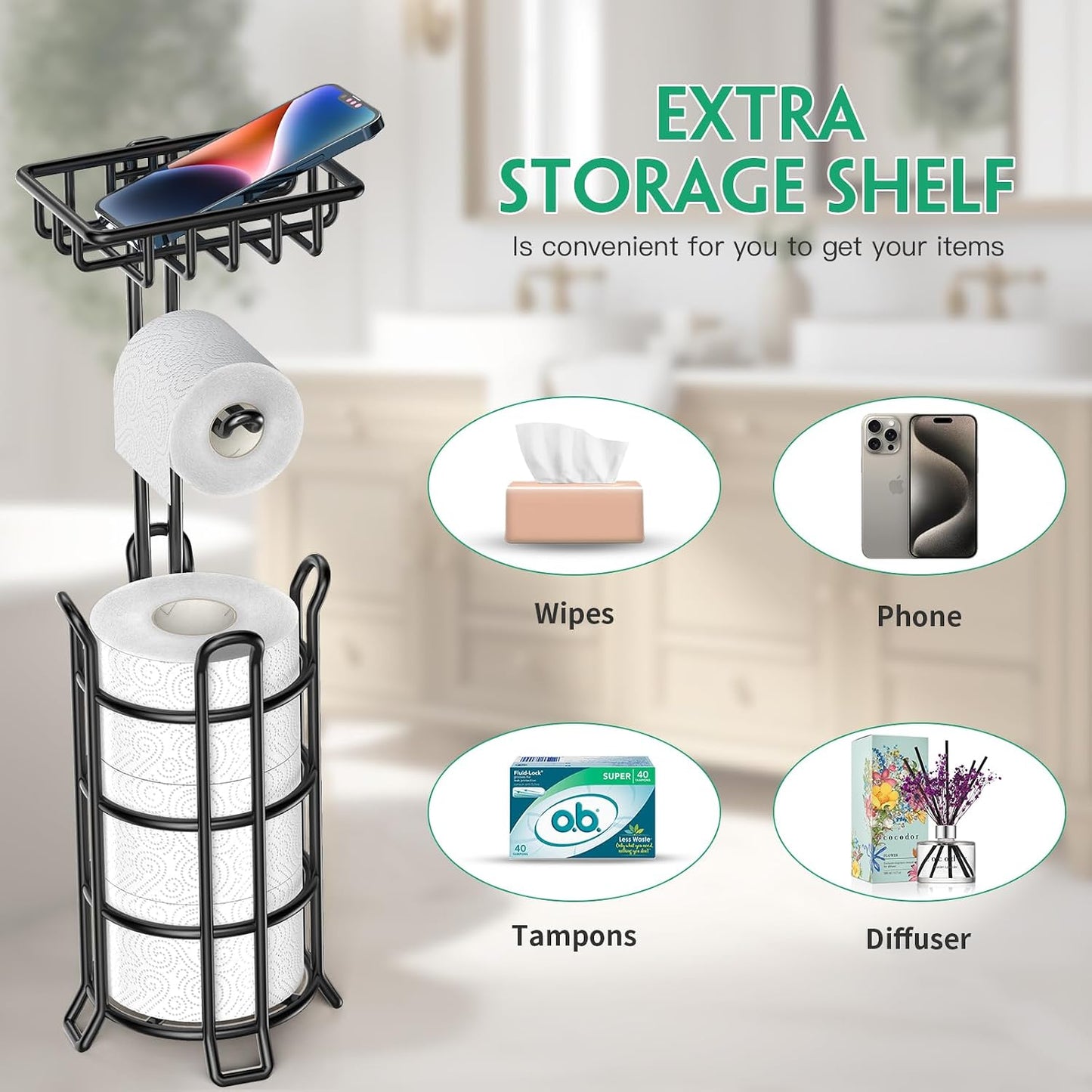 TomCare Toilet Paper Holder Free Standing with Shelf, Stable 4 Raised Feet | Stores 4 Mega Rolls, Tool-Free Assembly