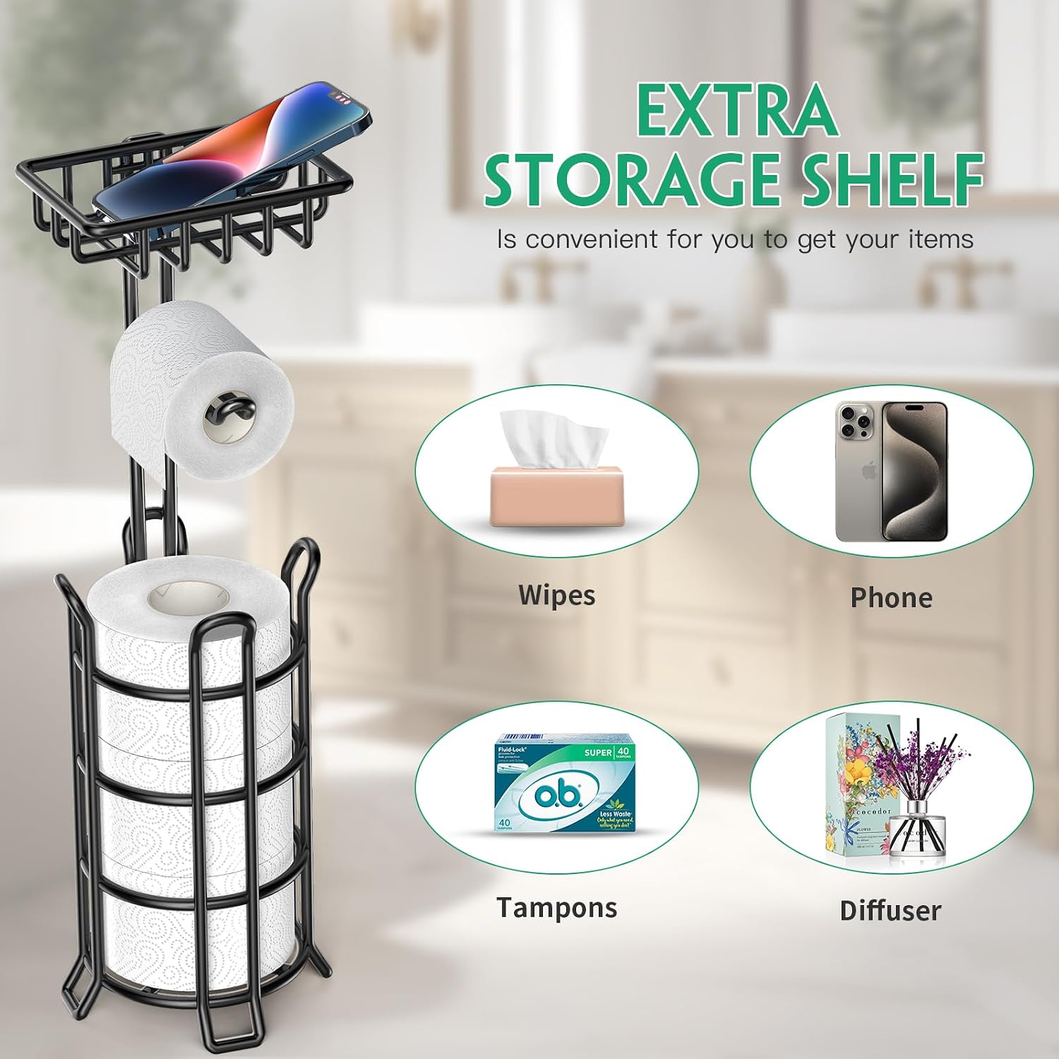 TomCare Toilet Paper Holder Free Standing with Shelf, Stable 4 Raised Feet | Stores 4 Mega Rolls, Tool-Free Assembly