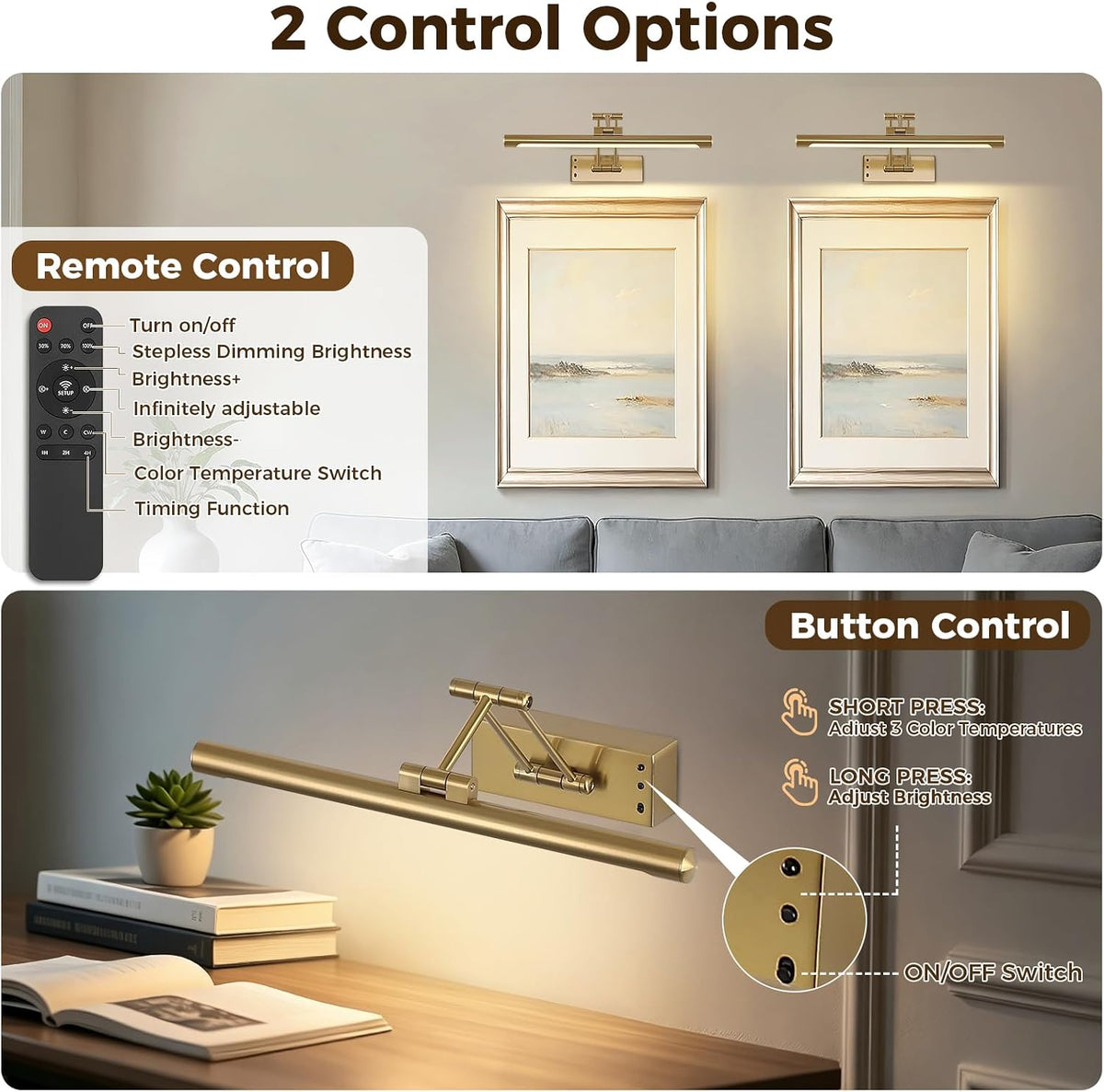 Picture Lights for Wall Battery Operated Art Light Wireless Brass 15.75Inch | Rechargeable Gallery Light with Remote