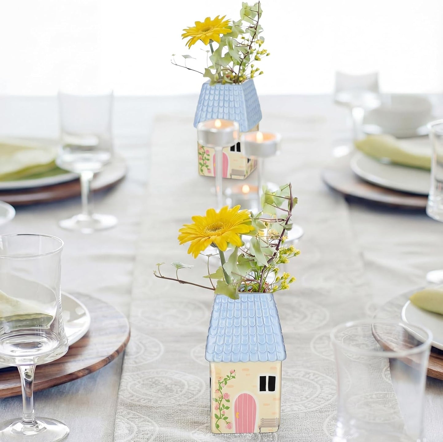 Ceramic House Shape Vase Mini Handmade Vase Decorative Small Flower Container / Blue / 2.4 x 3.8