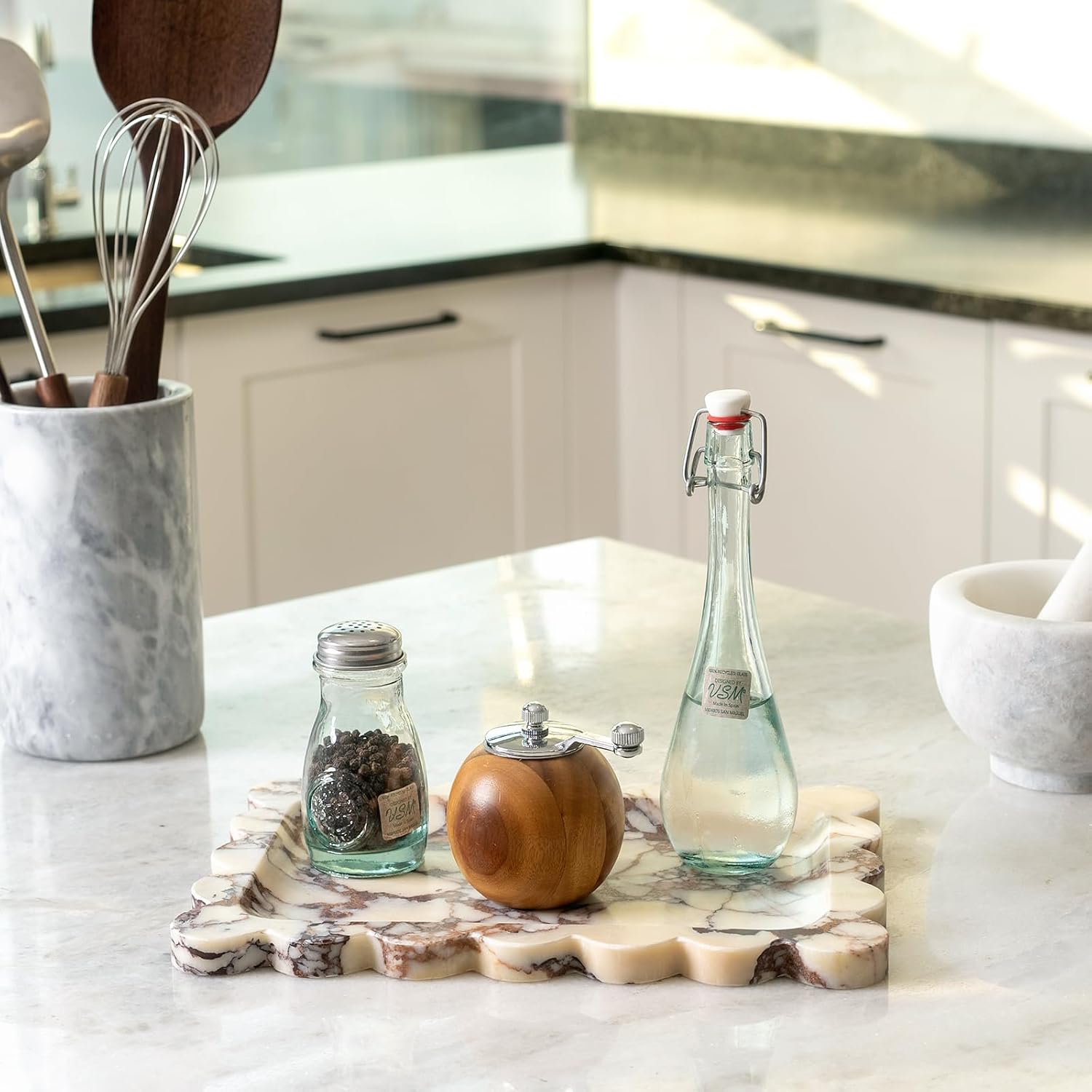 Scalloped Marble Vanity Tray for Countertop Bathroom Kitchen / Calacatta / 11 x 7.9 x 0.7