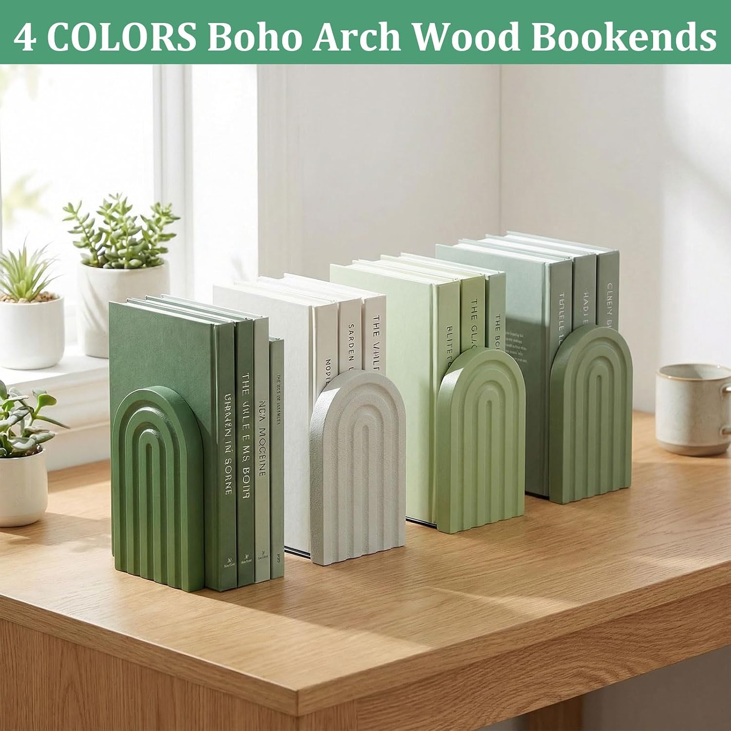 Boho Arch Wood Bookends Sage Rainbow Wooden Book Stands / Green / Set of 4