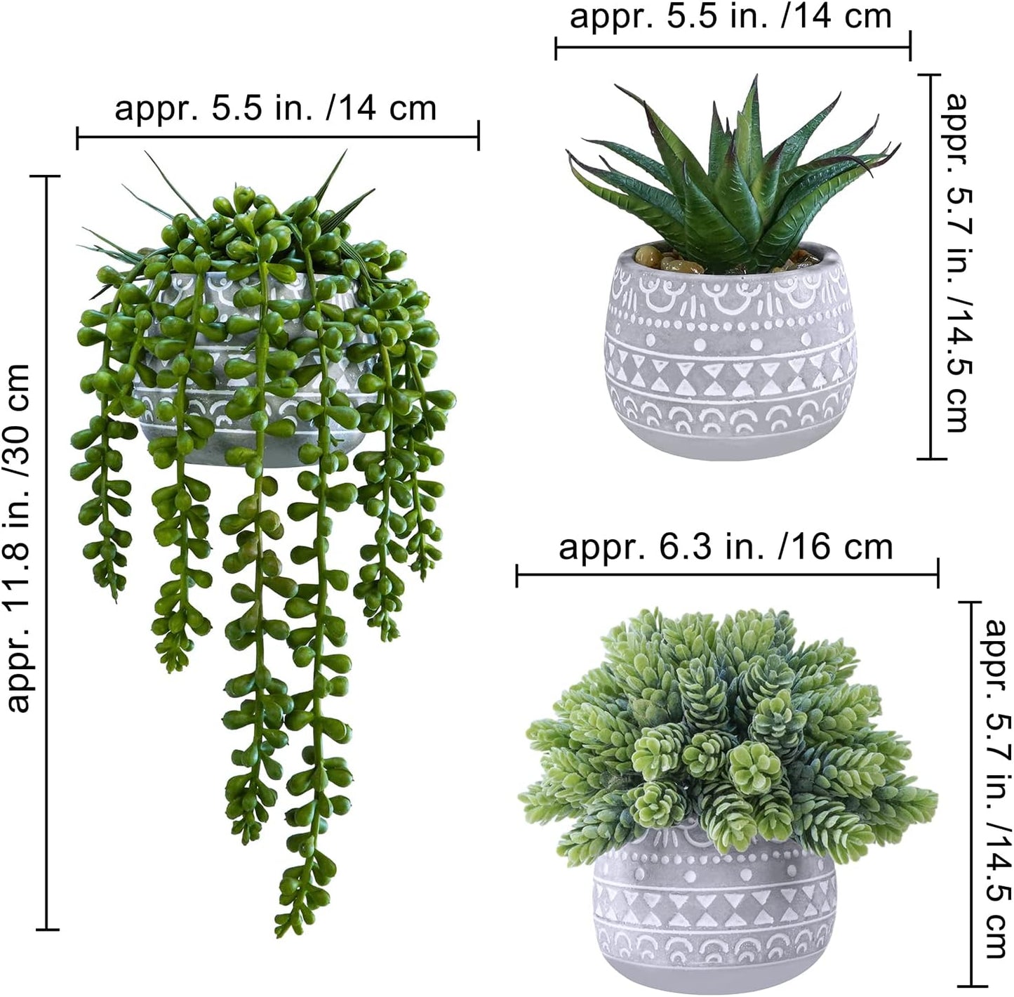 Assorted Small Potted Succulent Plants Artificial Aloe Hops String of Pearls / Gray / Set of 3