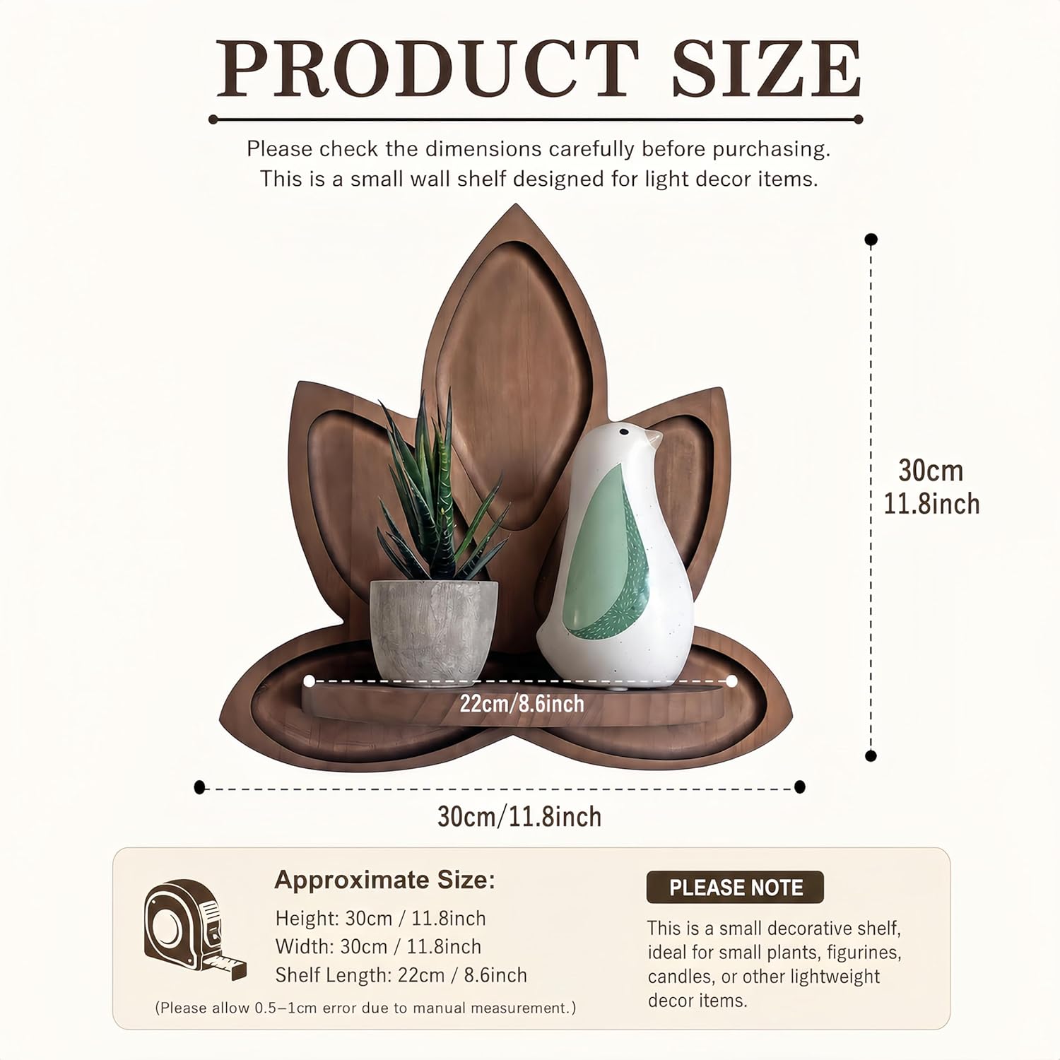 Small Carved Lotus Flower Wooden Floating Wall Shelf / Walnut