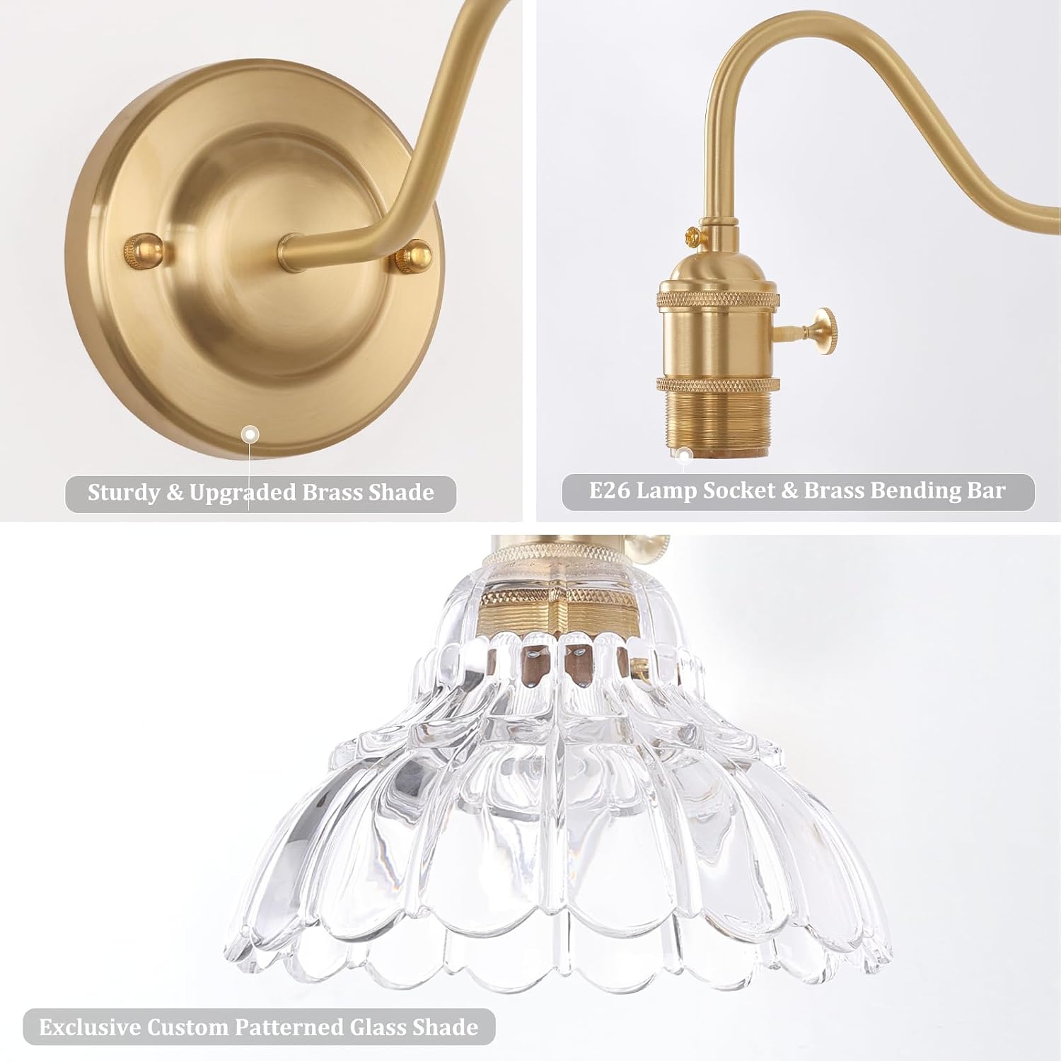 Shenmoyl Battery Operated Wall Sconce Set of 2, Vintage Rechargeable Wall Lights with Clear Lily Glass Shade, Wireless