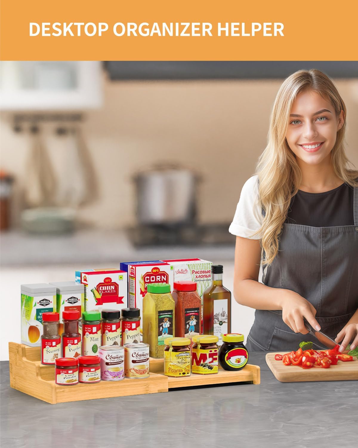 Spice Rack 3-Tier Natural Bamboo, Adjustable Cabinet Organizer Shelf | Expands 8.7-15.6"cabinets. Stepped design
