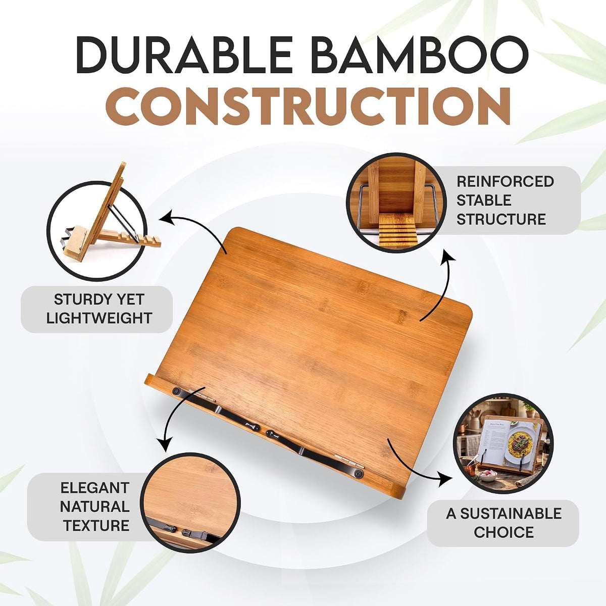 Bamboo Cookbook Stand Medium, Adjustable Book Holder Tray and Page Paper Clips -4-Position Recipe Book Stand Holds