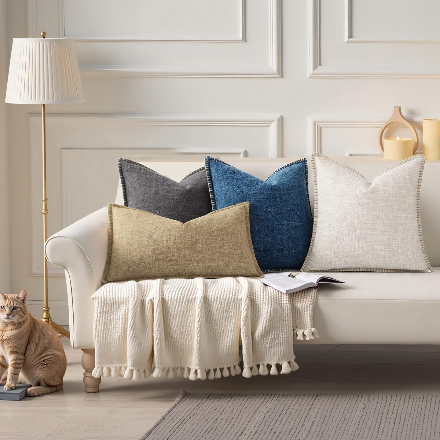 Fall Decorative Throw Pillow Covers Square Faux Linen Outdoor Neutral / Beige / 18 x 18 / Set of 2
