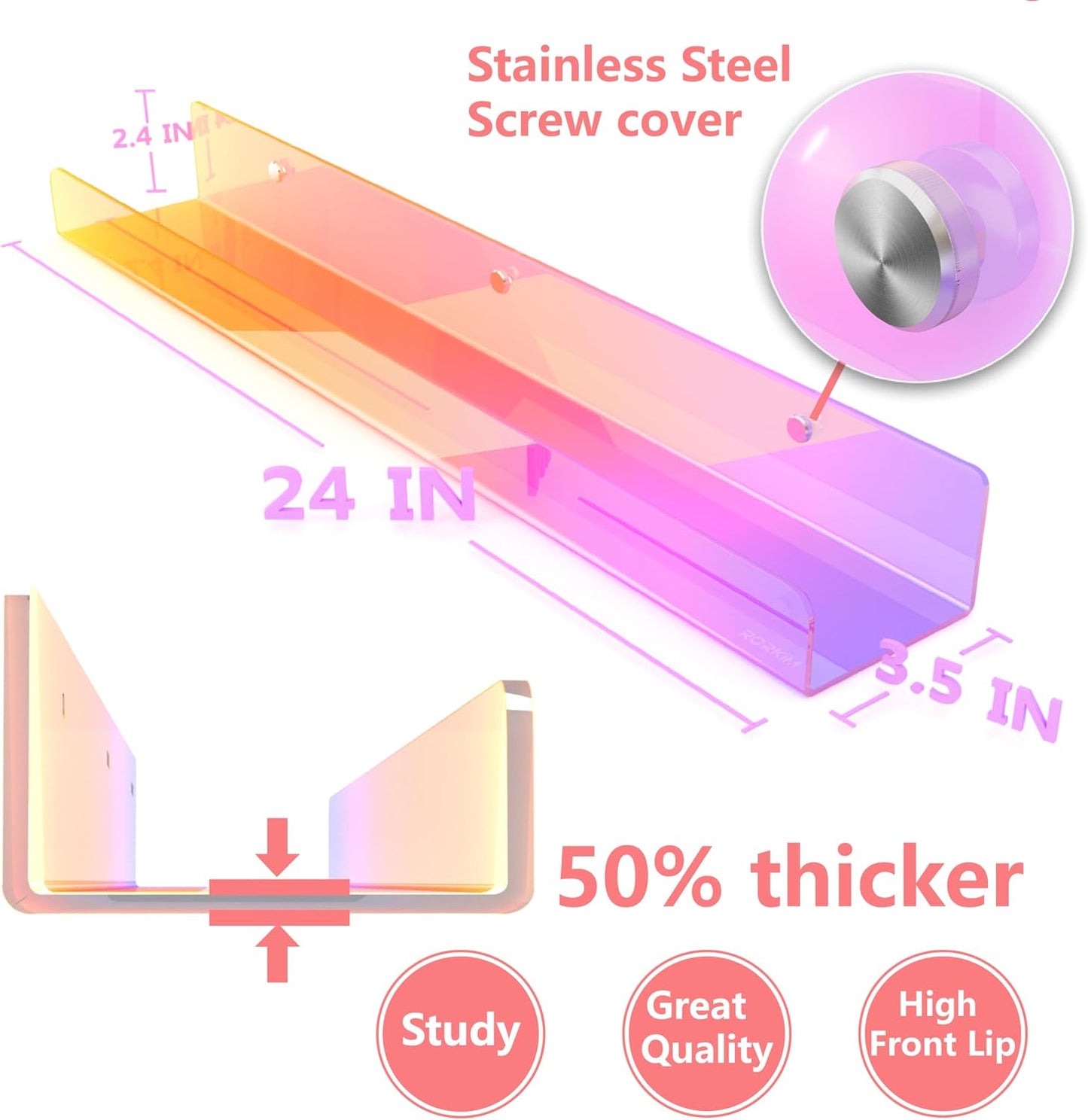2 Packs 24 inches Iridescent Acrylic Shelves,Book Shelf for wall | Wall Mounted Display for Kids
