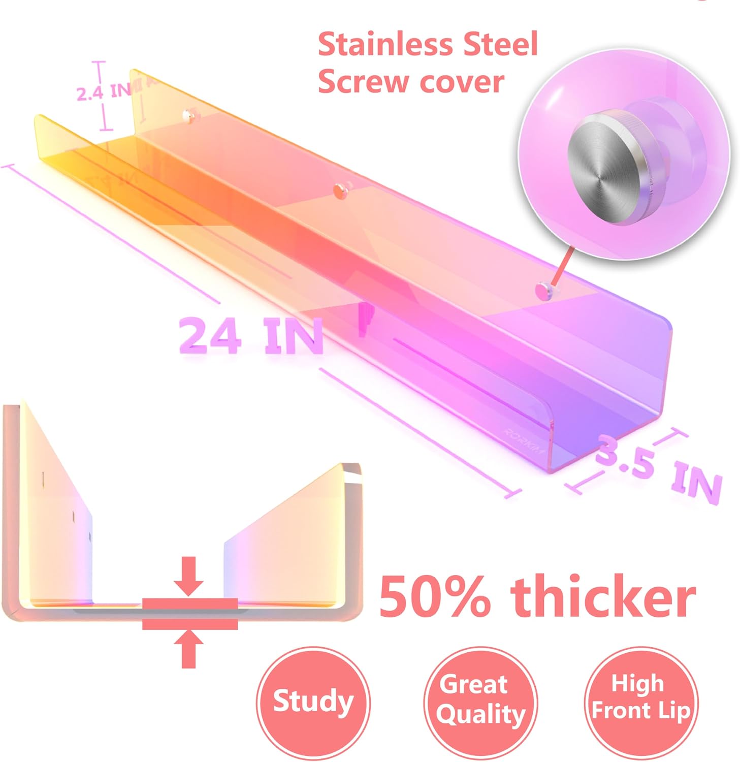 2 Packs 24 inches Iridescent Acrylic Shelves,Book Shelf for wall | Wall Mounted Display for Kids