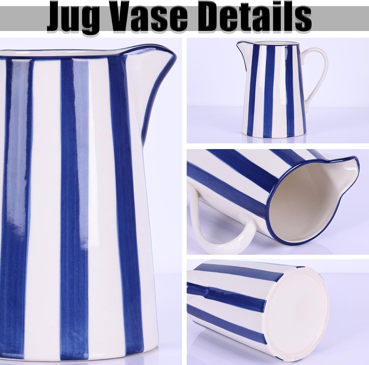Ceramic and White Pitcher Vase / Stripes / Blue
