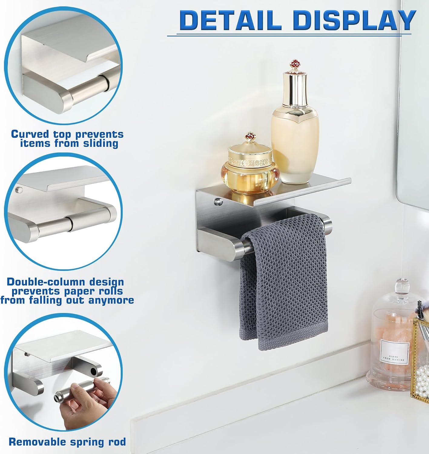 Alise Toilet Paper Holder with Shelf Wall Mount Adhesive or Drill,Brushed | SUS304 Stainless Steel Toilet Paper Roll