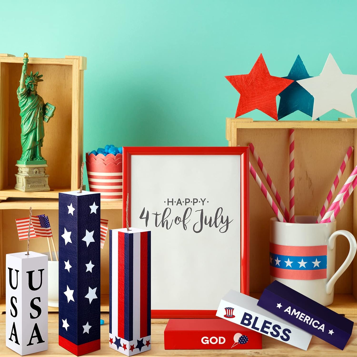 4th of July Table Decorations Wooden Patriotic Decorations 4th of July Tiered Tray Decor / Set of 8