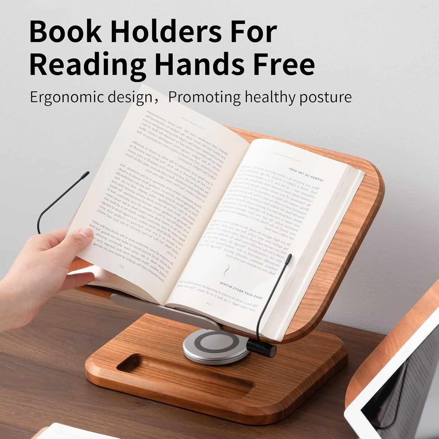 Book Stand for Reading, Mayhas Adjustable Book Holder with 360° Swivel Base&Page Clips, Foldable Desktop Stand for