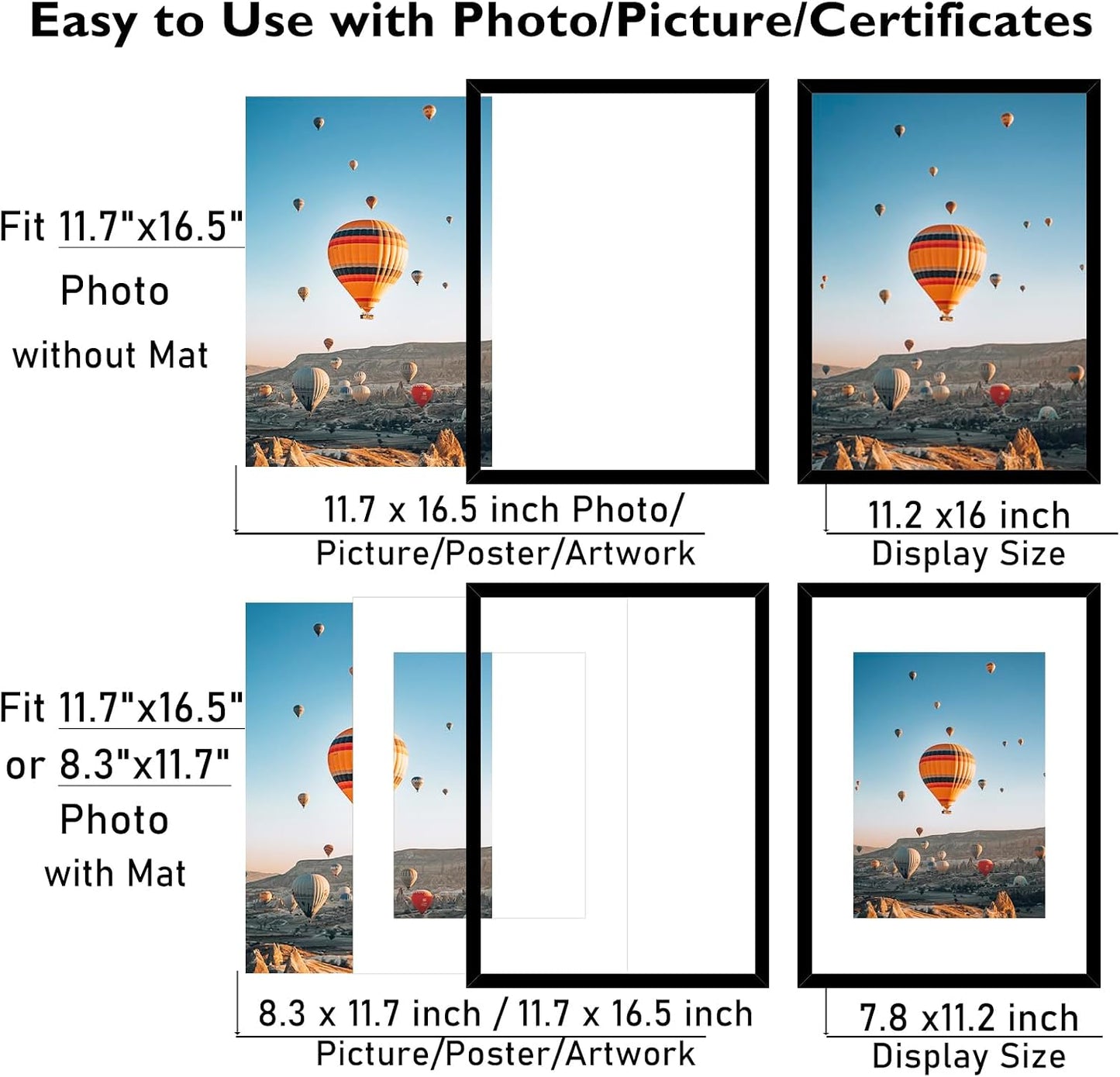 JCJMY 11.7x16.5 A3 Picture Frame Set of 4 Black with A4 Mat, Display Photo 8.3x11.7 with Mat or 11.7 x 16.5 Without