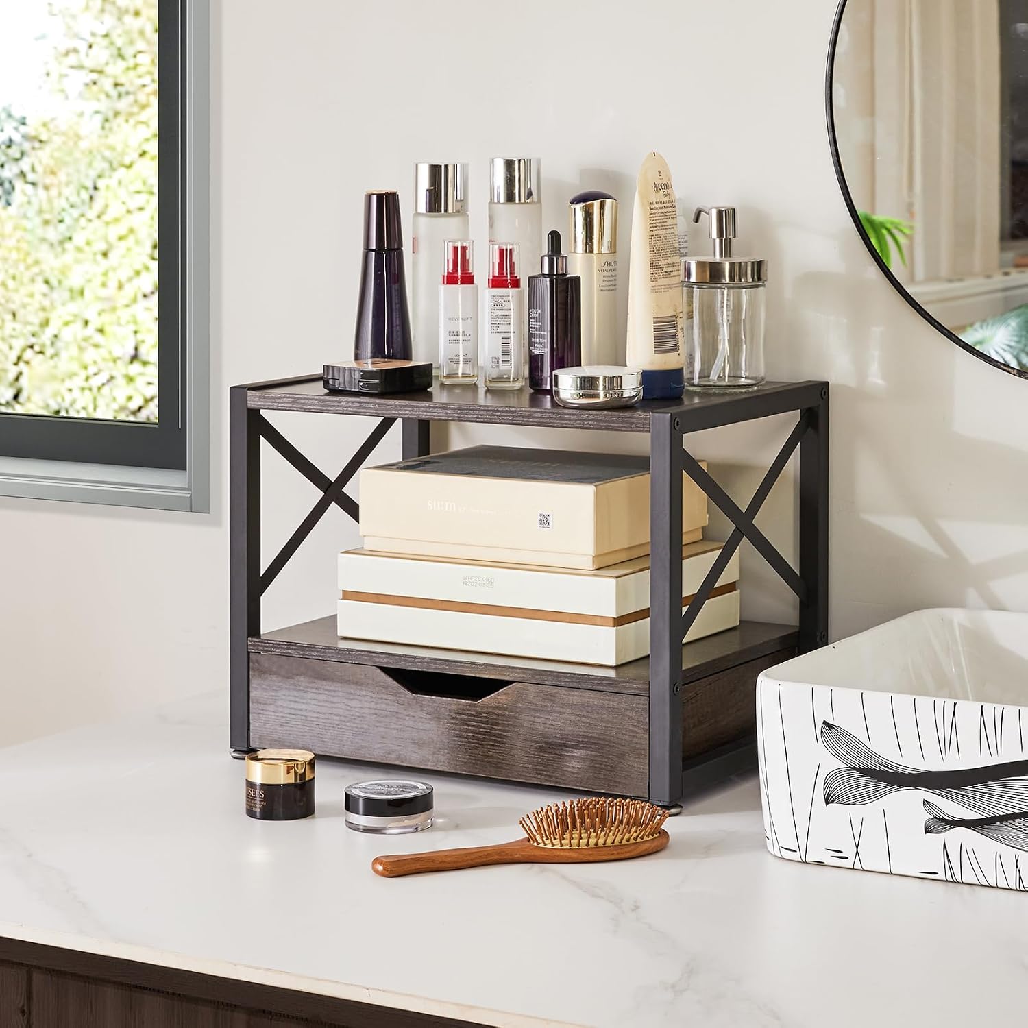 IBUYKE 2 Tier Desktop Printer Stand with Drawer Storage TLJ006G | Multi-Purpose Desk Organizer,Wooden Printer Stand for