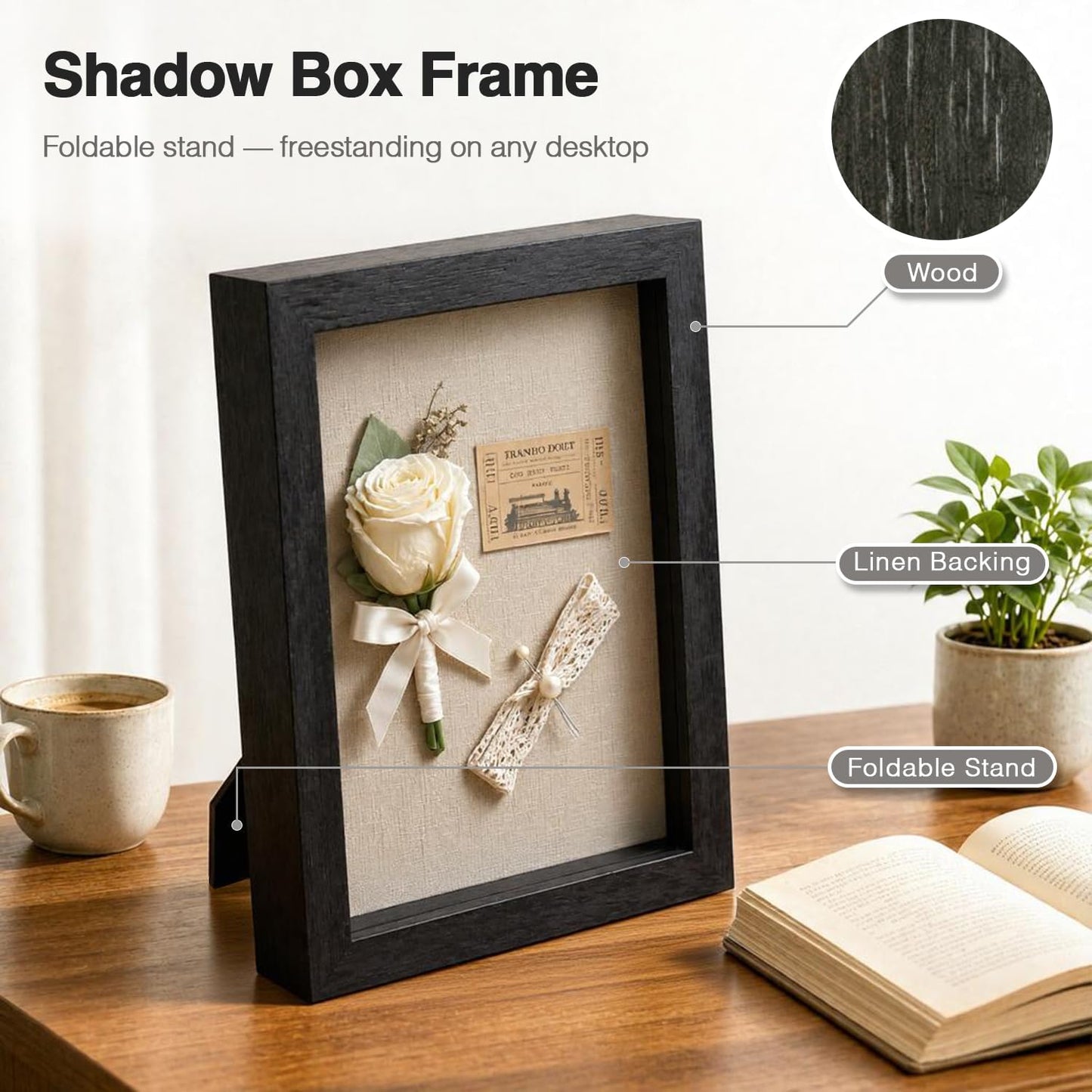 5x7 Shadow Box Picture Frame, 4-Pack Linen Back, Keepsake, Black | Wooden Display Cases, 2 Ways to Display, Crystal