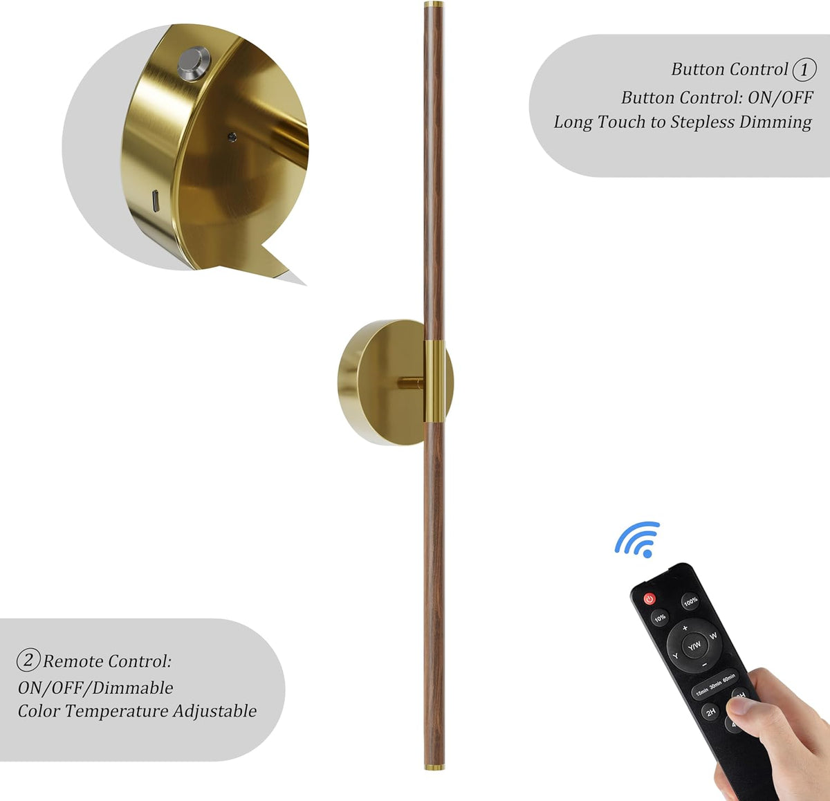 32" Battery Operated Wall Sconce Set of 2, 350° Rotating Lamp, Walnut Gold | Wireless, 8000mAh Rechargeable Battery