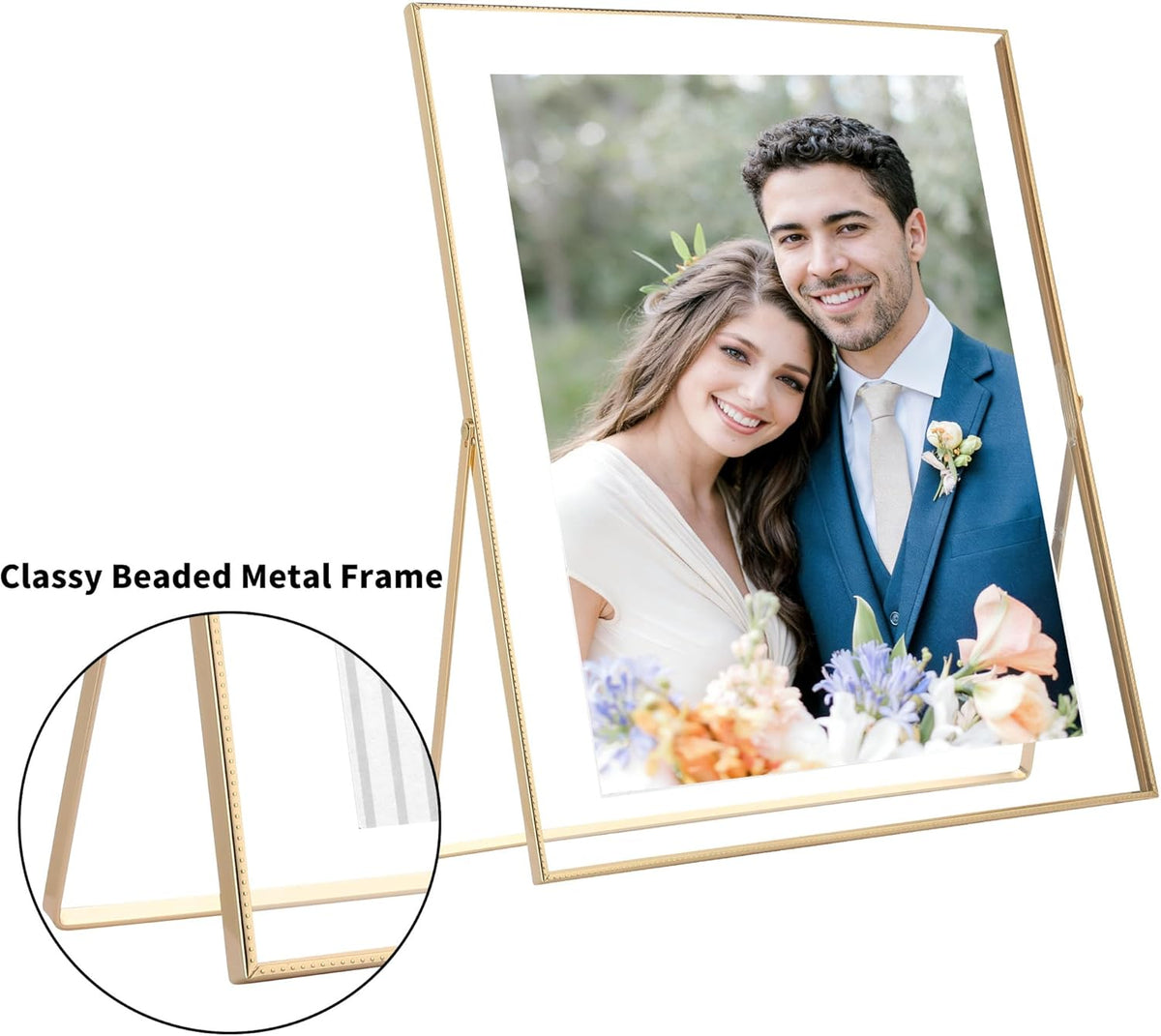 5x7 Triple Floating Frame,Metal Beaded Edge,Gold | Tempered glass, adjustable tabletop/shelf photo frame, for photo