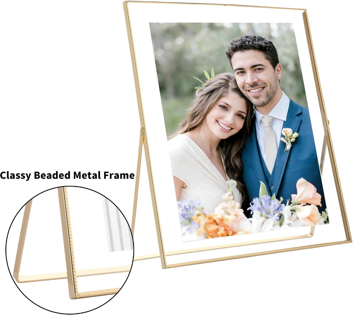 4x6 Triple Floating Frame,Metal Beaded Edge,Gold | Tempered glass, adjustable tabletop/shelf photo frame, for photo