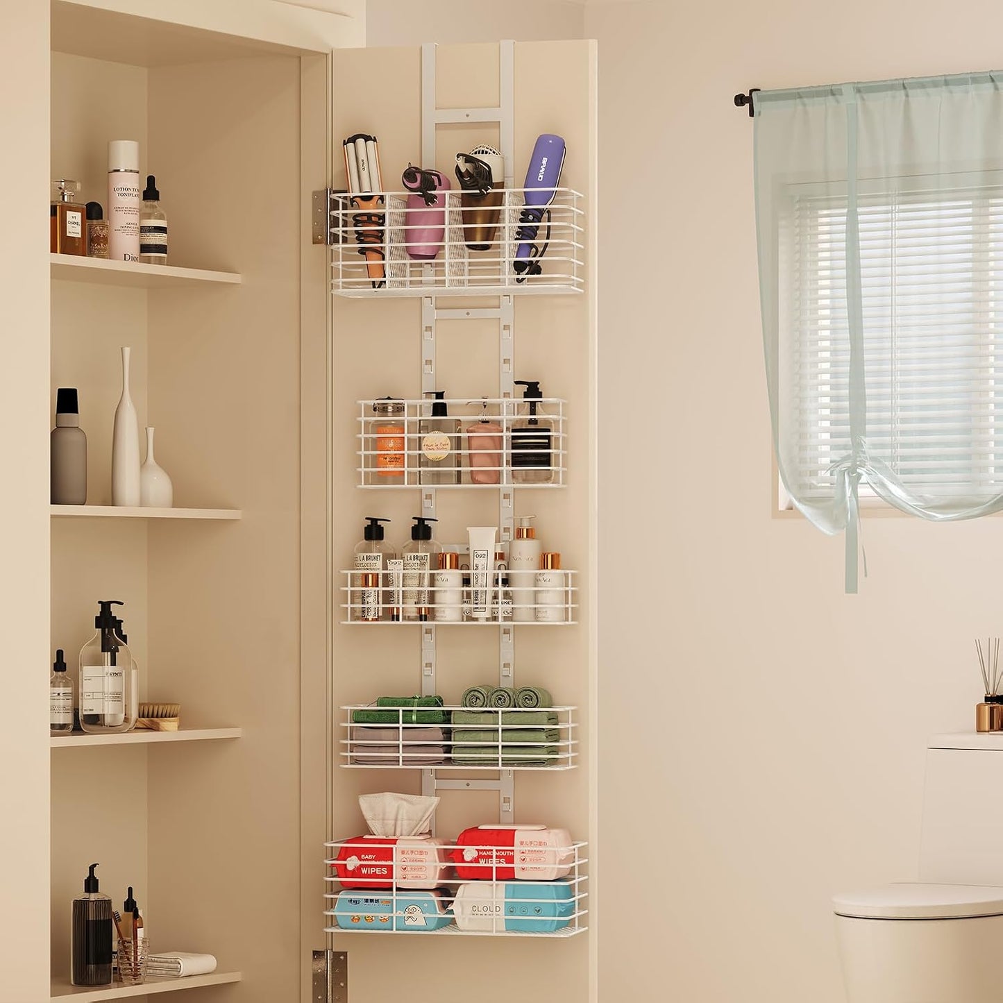 Yuyetuyo 5-Tier Over The Door Organizer Bathroom Shelves Hair Tool Organizer - Hair Dryer Holder Adjustable Height, DIY