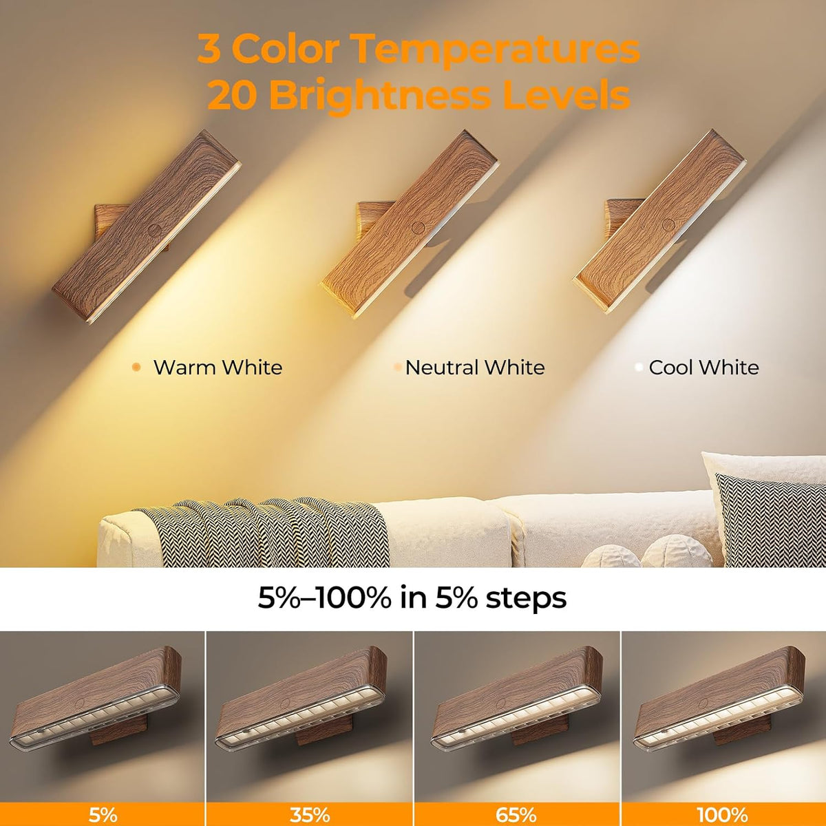 MOITA Magnetic Wireless Battery Operated Wall Sconce, Rechargeable Remote Control & Touch Control Wall Sconces Set of
