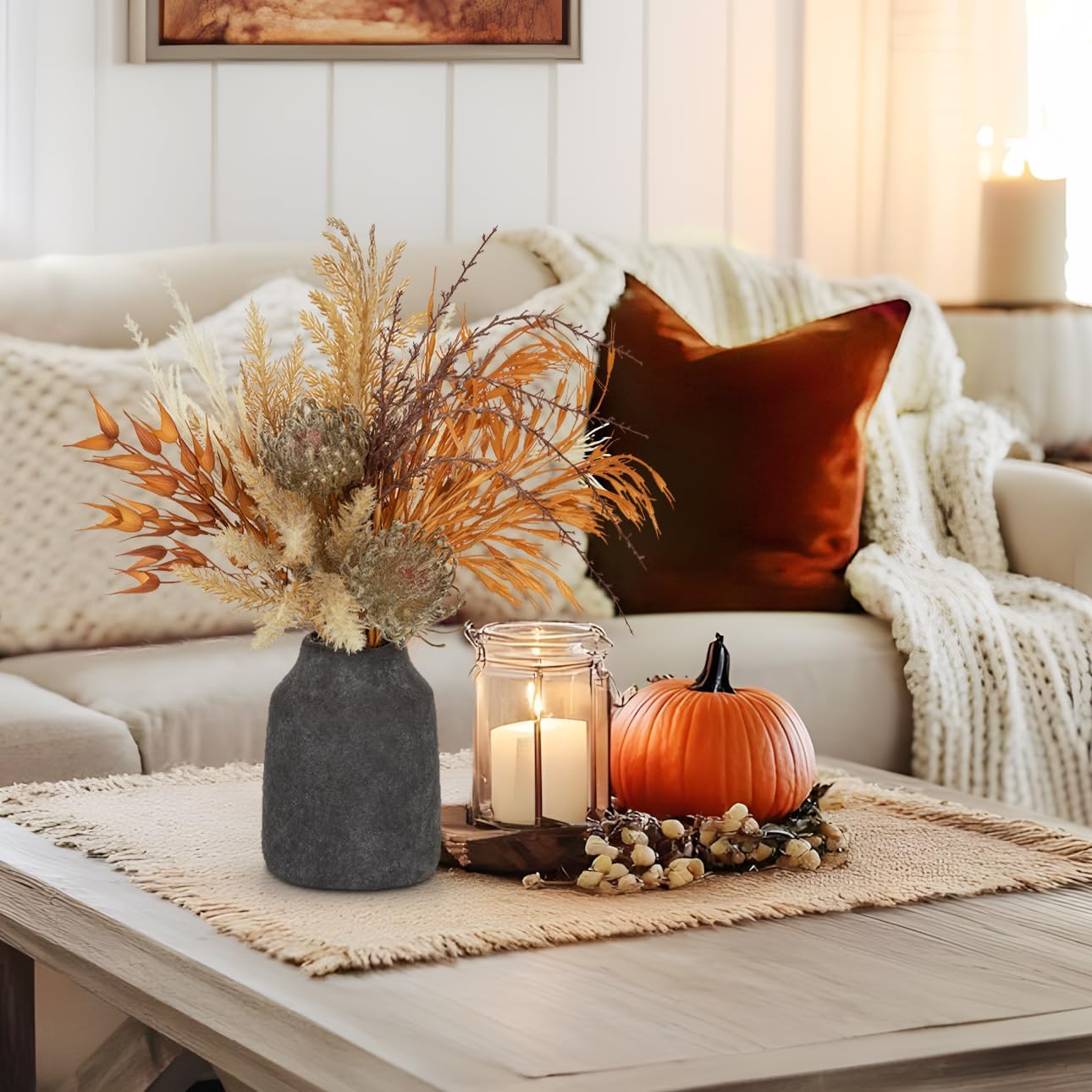 Artificial Pampas Grass Flowers Bouquet Plant in Ceramic Vase Fluffy / Blue