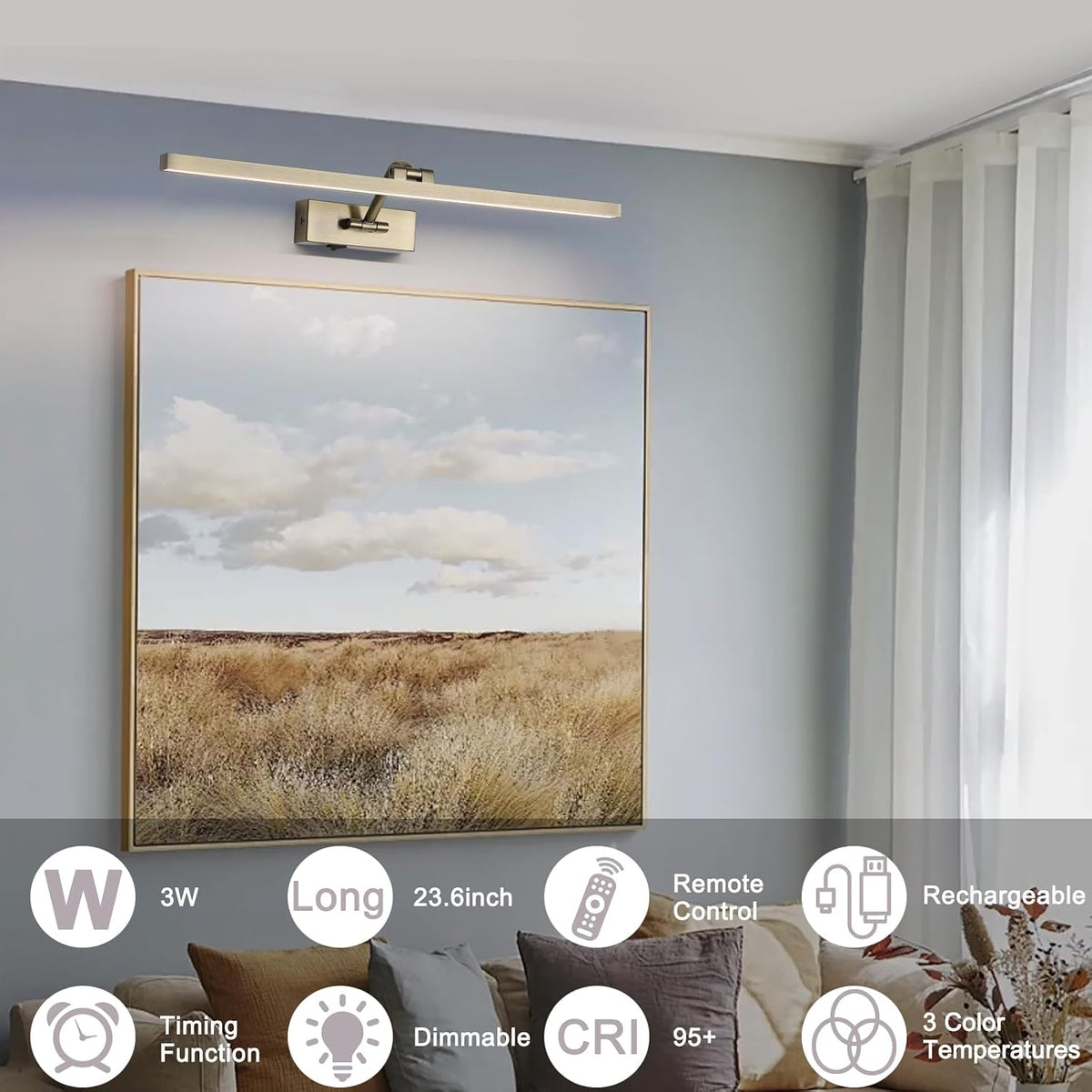 10000mAh Picture Light Battery Operated,23.6In Antique Bronze Wireless Rechargeable Picture Light 3 Colors Dimmable Art