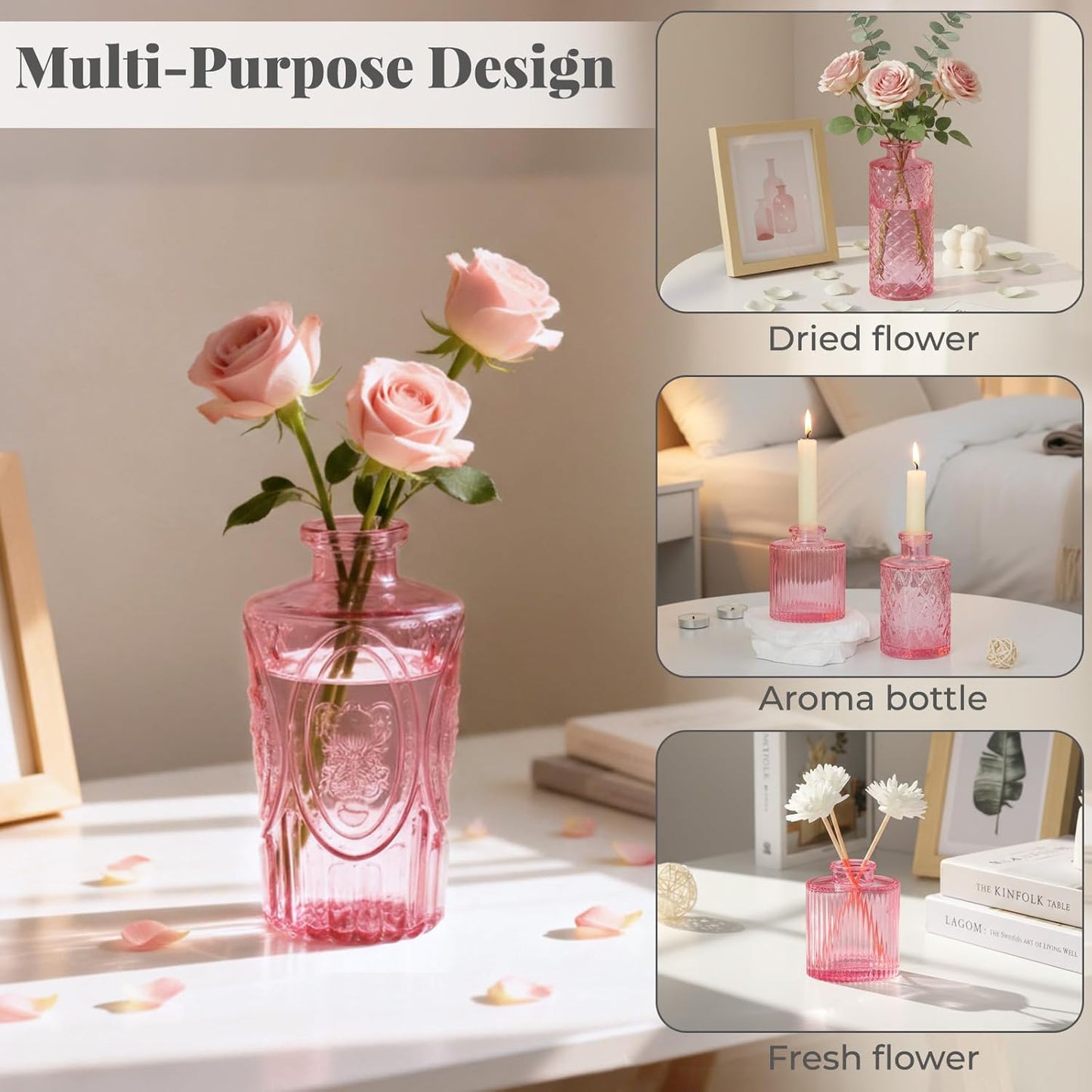 Mini Glass Vintage Vases for Centerpieces / Pink / Set of 24