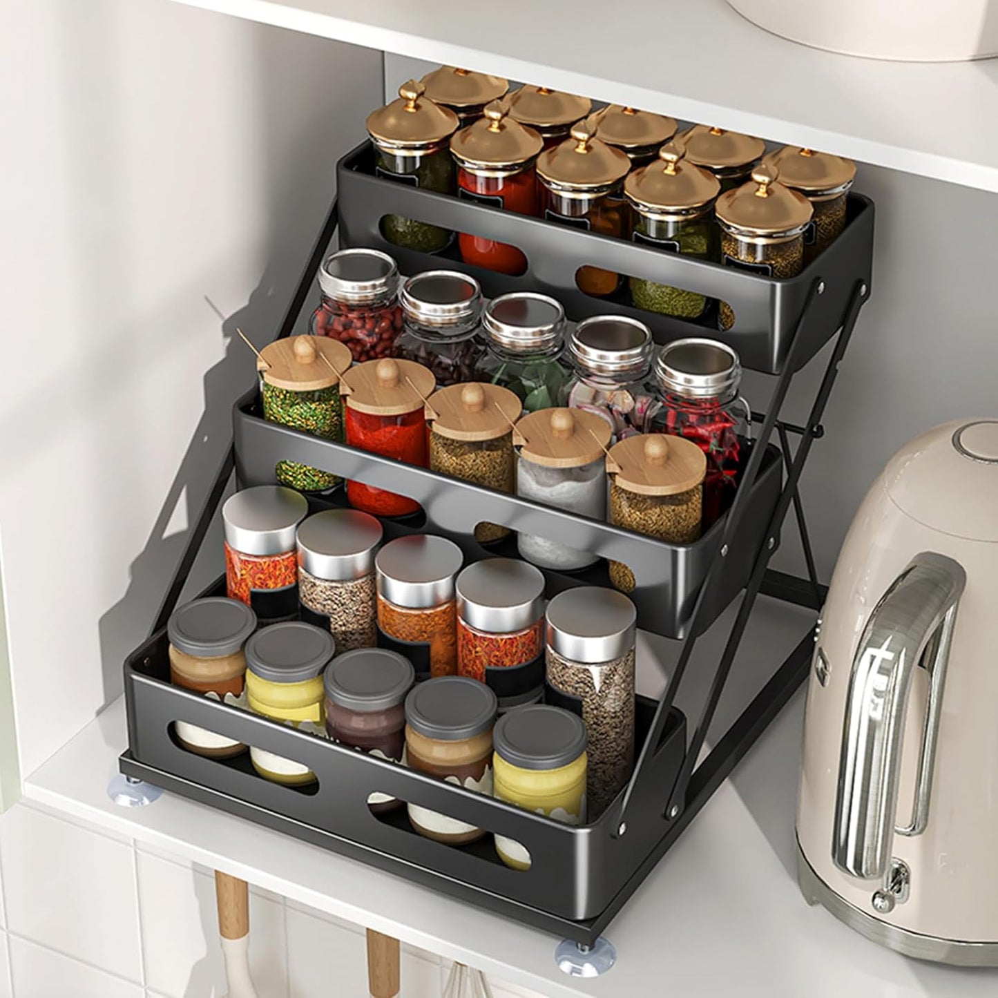 Ceetug 3 Tier Foldable Spice Rack, Black | Iron, For Countertop, Kitchen Seasoning Organizer, For Cabinet