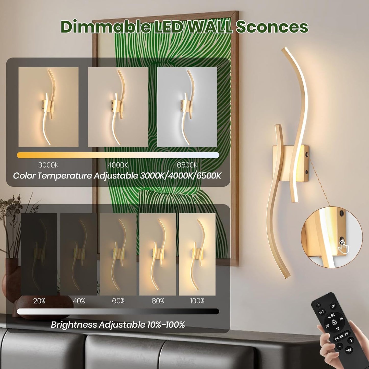 CANEOE Battery Operated Wall Sconces with Remote Control, Rechargeable Dimmable Touch Wall Sconces Set of Two