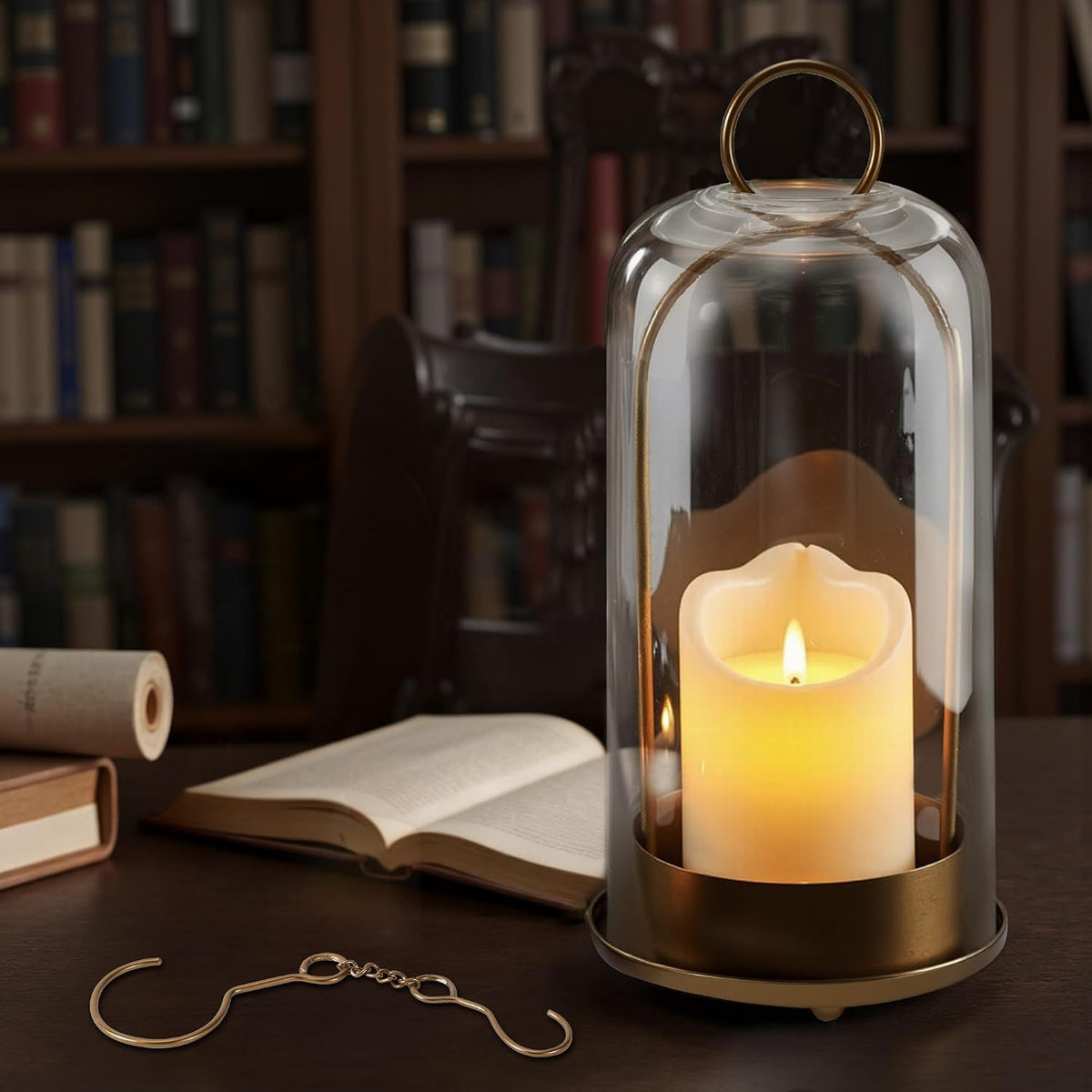 Hurricane Glass Candle Holder, Large Brass Lanterns Hurricane Candlestick Holder for Pillar Candles Vintage, Gold Metal