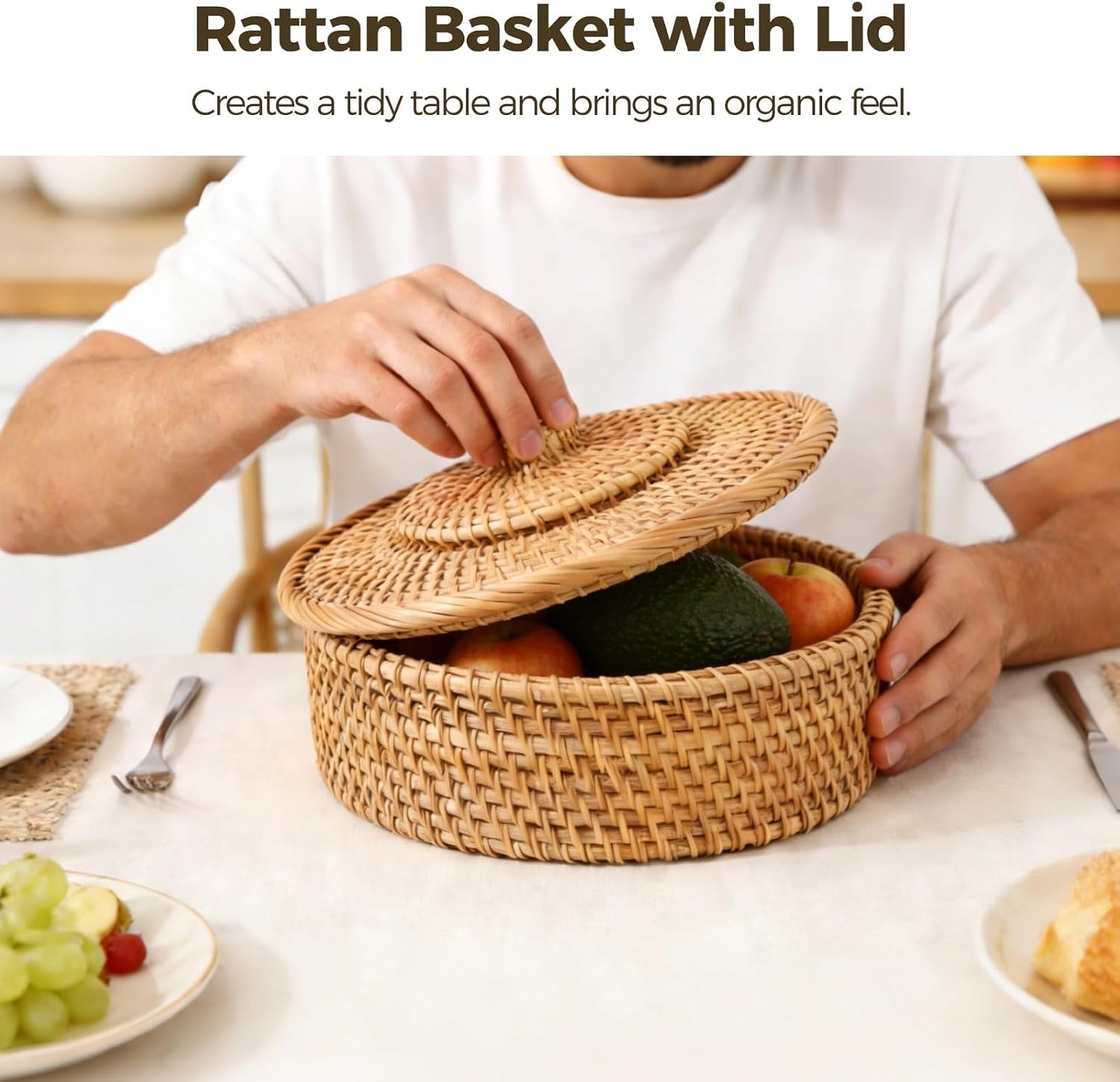 Rattan Basket / Lidded Wicker Storage Basket for Organizing / Natural