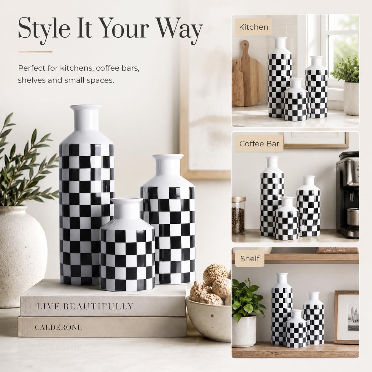 White Ceramic Vase Set 3 / Black