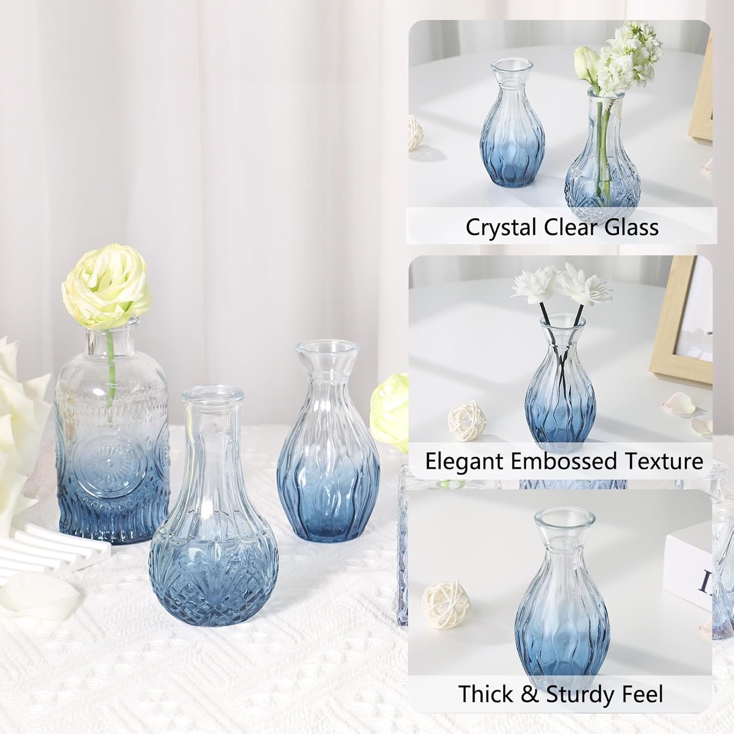 Glass Bud Vases Mini Flower Vase Small Vintage Vases for Centerpiece Table Wedding / Gradient Blue