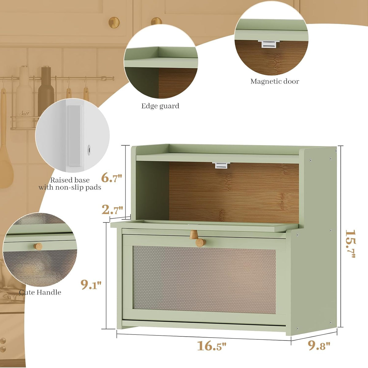 Bread Box for Kitchen Countertop, Large Bamboo Bread Storage Container with Double Layer, Bread Holder for Homemade
