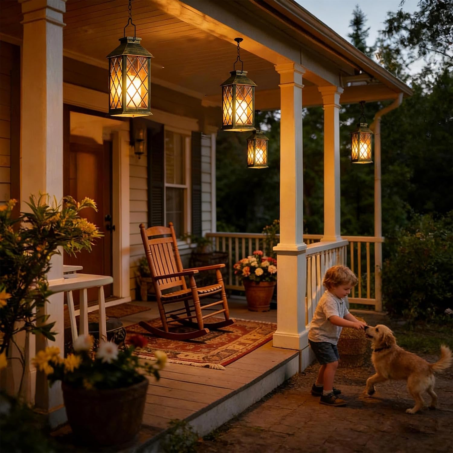 2 Pack 9" Medium Tempered Glass Solar Lanterns Outdoor Waterproof | Hanging Solar Lights with Flickering Flameless
