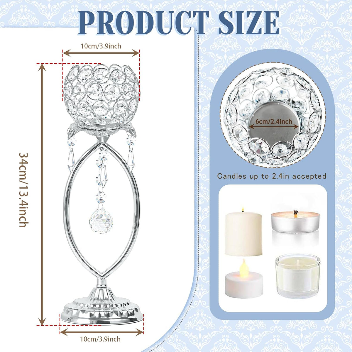 12 Pcs Silver Elegant Metal Crystal Tea Light Candle Holders | with Crystal Pendants, Hollow Design - Wedding Table