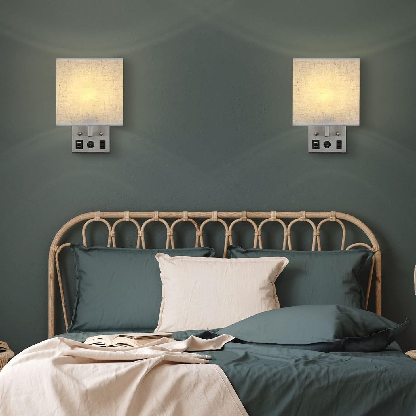 YBING Bedside Wall Lamp Plug in Cord Set of 2, Plug in Wall Sconce Nightstand Wall Lights with Dual USB Ports and AC