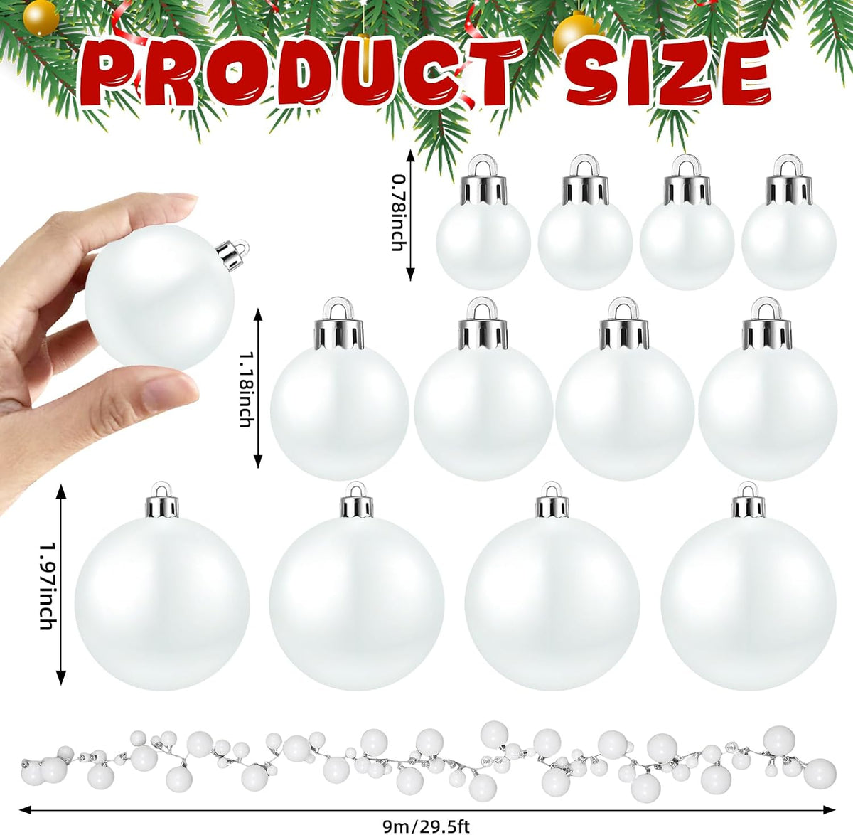 Geetery 29.5 Ft/350 Christmas Ball Garland Ball Ornament 3 Size Combo Christmas Bauble Garland Xmas Tree Bulb