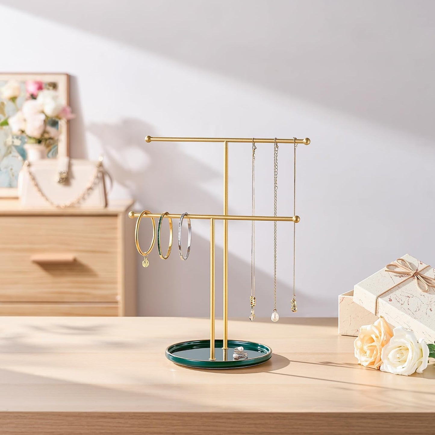 Ceramic Tray / Gold Jewelry Holder Stand / Green Tray Gold Bar