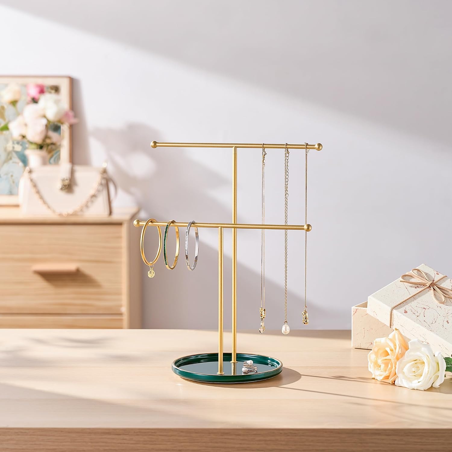 Ceramic Tray / Gold Jewelry Holder Stand / Green Tray Gold Bar