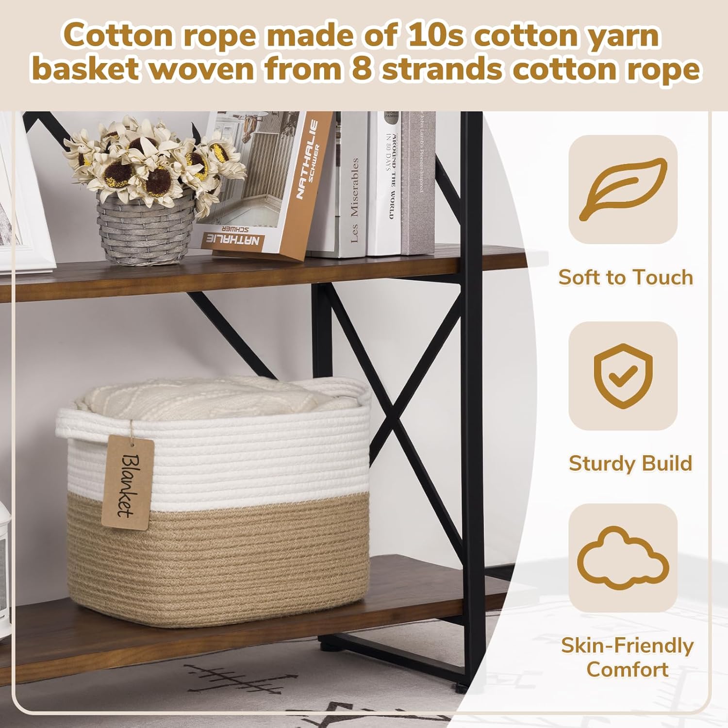 Woven Storage Basket / Jute / 13"L x 10"W x 9"H / White